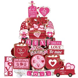 Wesiti 22 Pcs Valentine's Day Tiered Tray Decor Set Valentines Heart Love Wood Kiss Me Gnome Be Mine Tray Signs for Valentine's Day Rustic Farmhouse Table Decor