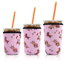 Desing Wish 3 Pack Reusable Iced Coffee Protective Sleeves Cup Insulator Neoprene Coffee Cup Cooler Sleeves Holders for 16-18oz/ 22-24oz/ 30-32oz Cold Drinks - Pink Striped Dog
