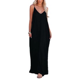 Women's Casual Sleeveless Deep V Neck Pockets Maxi Long Dress (L, Black)