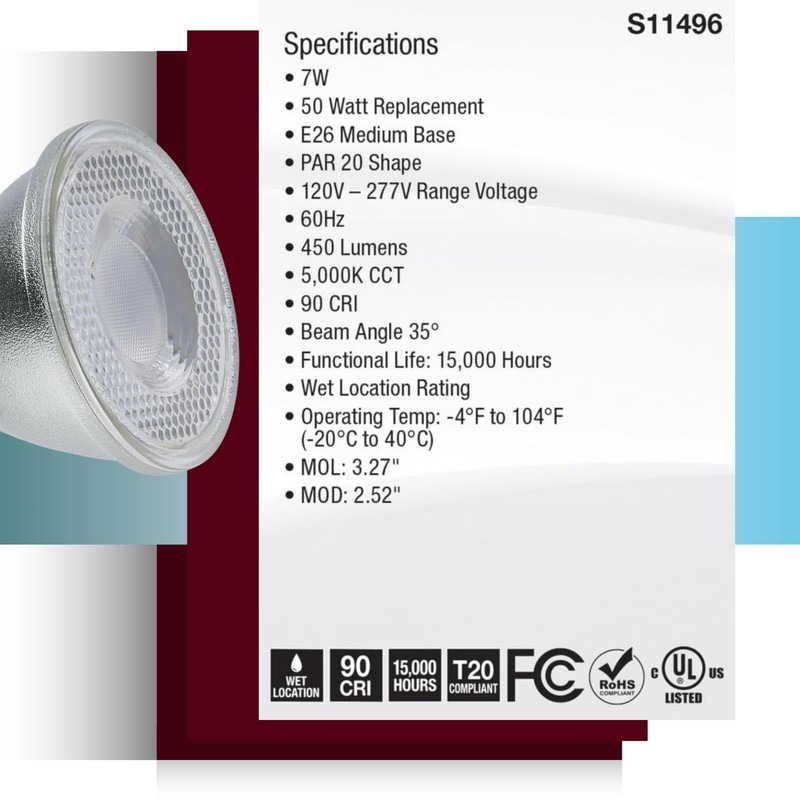 Satco S11496 7 Watt Econo LED PAR20; 5000K; 35 Degree