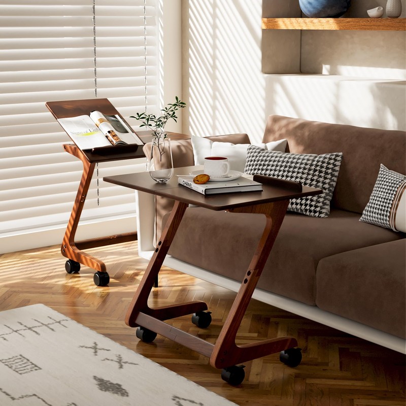 FLYJOE TV Tray Table with Casters, Solid Rubberwood End Tables,