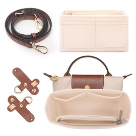 2-Piece Shoulder Strap and Organiser Set for Longchamp Mini Bag, No Drilling, Adjustable Buckle Design, Shoulder Strap, Multiple Pockets, Felt Bag Organiser for Long Champ Bag (White Mini)