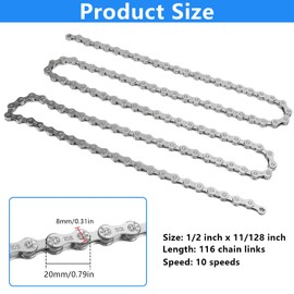NINGYER Bicycle Chain with 2 Magic Buckles, Bicycle Chain 10 Speed 116 Sections, Variable Bicycle Chain 10-Speed for Road Bike, Mountain Bike (1/2 x 11/128 Inch, Silver)