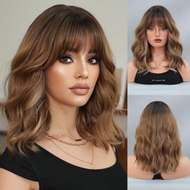 TRUMOST Short Mixed Brown Wavy Wig with Bangs 16 Inch Brown Highlight Wig with Dark Root Shoulder Length Synthetic Heat Resistant for Women Daily Party used.