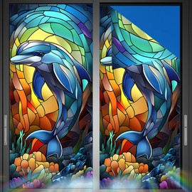 Nuxovilar Stained Glass Dolphin Window Film, 16.9×39.4inch, Underwater Dolphin Pattern Static Cling for Privacy & Decor (Frosted)