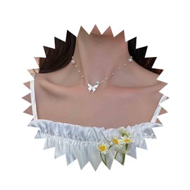 Aneneiceera Vintage Pearl Butterfly Choker Necklace Tiny Acrylic Butterfly Necklace Pearl Choker Necklace Thin Silver Transparent Collar Necklace Station Pearl Chain Jewelry for Women and Girls