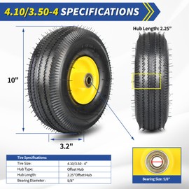 GICOOL 4.10/3.50-4 Explorer Series Rubber Tire and Wheel, with 2.25" Offset Hub, 5/8" Sealed Bearings, for Hand Truck Trolley Dolly Garden Wagon Wheel Replacement