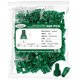 Lenporl Winged Green Ground Wire Nuts Connectors with Hole 600PCS Easy Twist-On Electrical Wire Caps, 14-10 AWG Green Wire Connectors for Cable Grounding, UL Listed Electrical Connectors