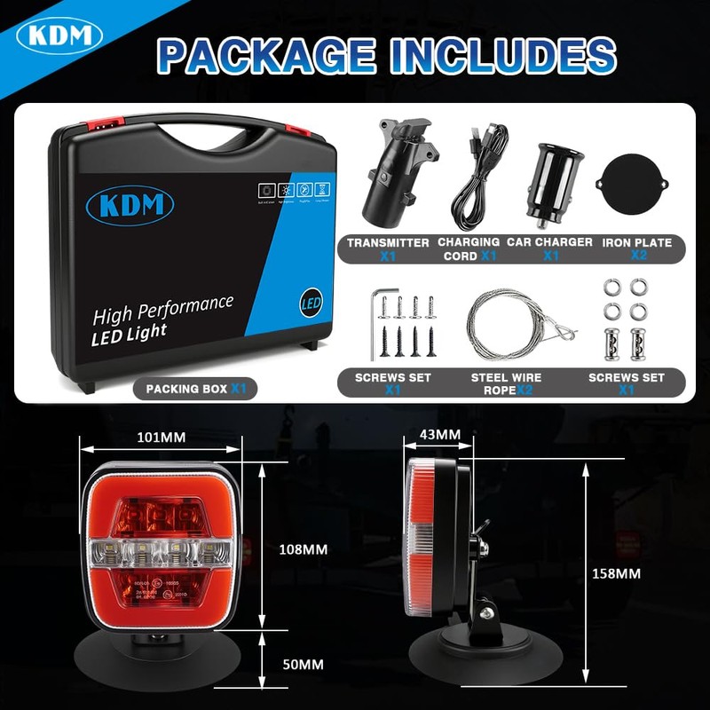 KDM Magnetic Wireless LED Trailer Light kit,Rechargeable Towing Tail Light