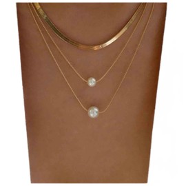 Inilbran Boho Layered Snake Chain Necklace Choker Gold Pearl Choker Necklace Double Pearl Pendant Necklace Punk Herringbone Chain Necklace Jewellery for Women and Girls