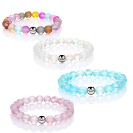 Smiling sunflower Mystic Mermaid Glass Beaded Stretch Bracelet Handmade 8mm Matte Beads Elastic Bracelet Wristband with Love Charm Beaded -4PCS