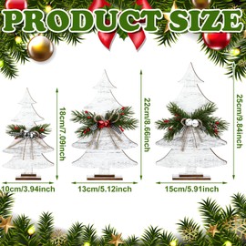 Huwena 3 Pcs Tabletop Christmas Tree Decorations Office Vintage Texture White Standing Handmade Wood Trees for Tables Rustic Xmas Decor with Pine Needle Leaf Berry Hemp Rope Bow for Home Office