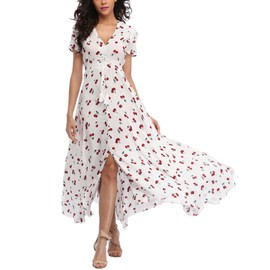 Women's Boho Floral Maxi Dress Summer Button Up Split Flowy Beach Party Dress WhiteCherry