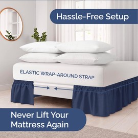 Wrap Around Dust Ruffle Bed Skirt - Navy Blue - for King Size Beds with 15 Inch Drop - Elastic Strap - Adjustable Pleated Bedskirt with Brushed Fabric and Wrinkle Free - for Women, Men, Kids & Teens