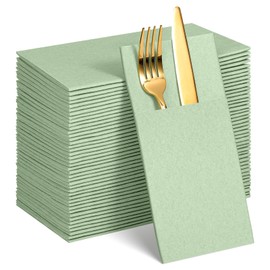 60 Pcs Sage Green Linen-Feel Paper Napkins with Built-in Flatware Pocket, Pocket Linen Napkins Prefolded Cloth Like Paper Napkins Bulk for Silverware Wedding Baby Shower Birthday Bridal Party
