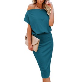 Ezbelle Summer Dresses Off Shoulder Ribbed Knit Pencil Dress Batwing Sleeves Business Casual Sexy Bodycon Midi Dress Acid Blue 2