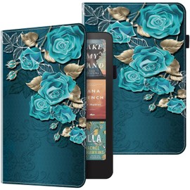 BOLELAW Case for 7 Inch Kindle Paperwhite (12th Generation-2024) and Kindle Colorsoft Signature Edition 2024 PU Leather Folio Case with Pen Holder, Card Slot, Stand Function Flip Case, Blue Rose