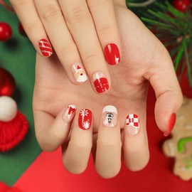 JUSTUSNX 24pcs Red Christmas Fake Nails Short False Nails Santa Claus, Christmas hat, Press on Nails for Women and Girls (B)