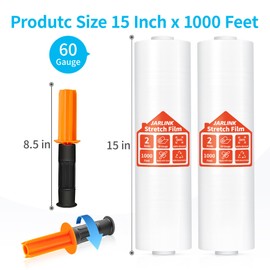 JARLINK Stretch Film, 15 Inch x 1000 Feet Shrink Wrap for Pallet Wrap, Industrial Strength Stretch Wrap with Handles, Moving Wrapping Plastic Roll, 60 Gauge, 2 Pack, Clear