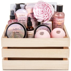 Aqua Elegante- Juegos de regalo de spa para baño. Cesta de lujo con aceite de rosa y kit de spa con orquídea. Incluye lavado, baño de burbujas, lote