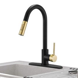 Hoimpro High-Arc Single Handle Kitchen Sink Faucet with Pull Out Sprayer, Modern Rv Kitchen Faucet with Pull Down Sprayer, Touch Water Faucet, Brass/Matte Black & Gold(1 or 3 Hole)