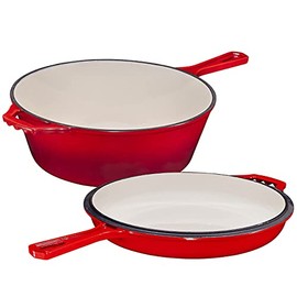 Enameled 2-In-1 Cast Iron Multi-Cooker – Heavy Duty Skillet and Lid Set, Versatile Non-Stick Kitchen Cookware, Use As Dutch Oven Or Frying Pan, 5 Quart, Red