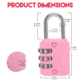 RESET-071 3-Digit Combination Padlock, Compact Resettable Lock for Mini Locker, Travel Lock, Diary, Luggage, Suitcase, Backpack, Pink, 2-Pack