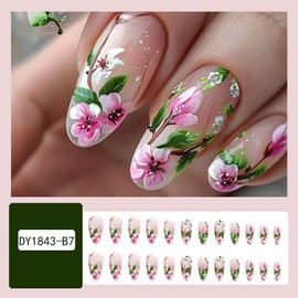 CJDLTS Flower Press on Nails Medium Length Spring Floral False Nail Artificial Almond Stick on Nails Pink Flower Pattern Design Acrylic Press Ons Manicure Glossy Glue on Nail for Women 24Pcs