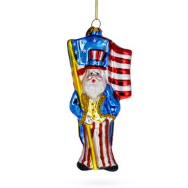Patriotic Santa Carrying American Flag Blown Glass Christmas Ornament
