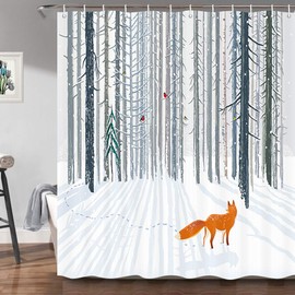 KOTOM Winter Forest Shower Curtain for Bathroom, Snow Covered Pine Trees Winter Season Animal Red Fox and Cardinals Idyllic Seasonal Scenery Fabric Shower Curtain, White Gray 69 Wx70 L Inches