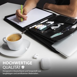 Vebon® Writing Case A4 Large "Rom" I Double Zip + Clipboard I Conference Folder + Laptop Bag I Extra Storage Space I Black Faux Leather, pine green, Professional