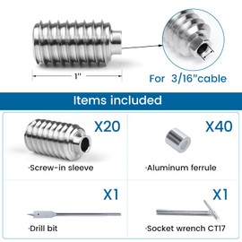 Muzata 20 Pack 3/16" Invisible Cable Railing Kit Swage Lag Screw Tensioner CableGenie T316 Stainless Steel Completely Hidden for 4x4 6x6 8x8 Wood Posts Deck Stairs for 10 Cable Runs CR99, CV1 CG1