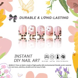 French Tip Press on Nails Short Square MABKJLF White Fake Nails False Nails with Leopard Print Designs Hawaii Glossy Glue on Nails Summer Acrylic Nails for Women Girls 24Pcs