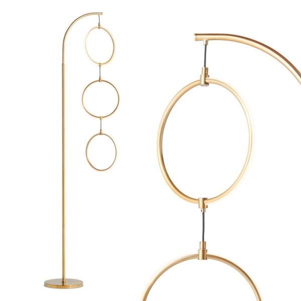 Brightech Nova Modern Floor Lamp - Contemporary Arc Tall Lamp with 3-Circle Ring-Style Pendant - Over the Couch Standing Lamp on Arching Pole - Eclectic Tall Lamp Matches Living Room Décor - Gold