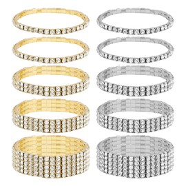 10 Gold And Silver Bracelets, Including 2 Single Rows, 1 Double Row, 1 Three Rows, 1 Five Rows, Women's Jewelry, Elastic Retractable Bracelet, Gold And Silver Decoration, Suitable For Wedding Parties
