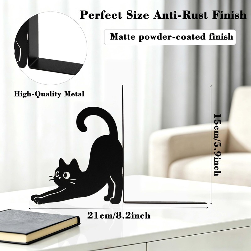Black Metal Cute Cat Bookends Set of 2