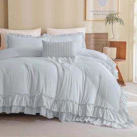 Queen's House Light Blue Ruffled Comforter Set Queen Size, Lightweight Microfiber Inner Fill Fluffy Country Rustic Coquette Bedding