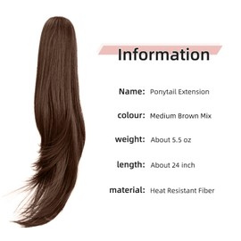Ponytail Extension,Brown Hair Extension Ponytail 22" Long Claw Hair Extension Synthetic Wavy Straight Hairpieces Ponytail Clip in Ponytail Wig Daily Fluffy Pony Tail for Women,4.8 OZ,Light Brown
