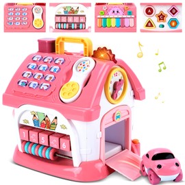 DELUTIQUE Toddler Girl Toys for 1 Year Old, Montessori Toys for 1 Year Old Girl Birthday Gift, 8 in 1 Pink Baby Musical Learning House with Sound Light Music, Creative Gifts for Baby 12 18 Months