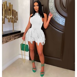 PRIVIMIX Women 2 Piece Outfits Fringe Tassel Short Pants Set Sleeveless Top Sweatsuit High Waisted Clubwears White