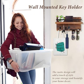 aichilra Wall Mount Key Holder, Wooden Key Holder with Shelf with Shelf with 3 Hooks, 2 Double Head Hooks, Key Holder for Entrance Area, Front Door, Hallway, Bedroom
