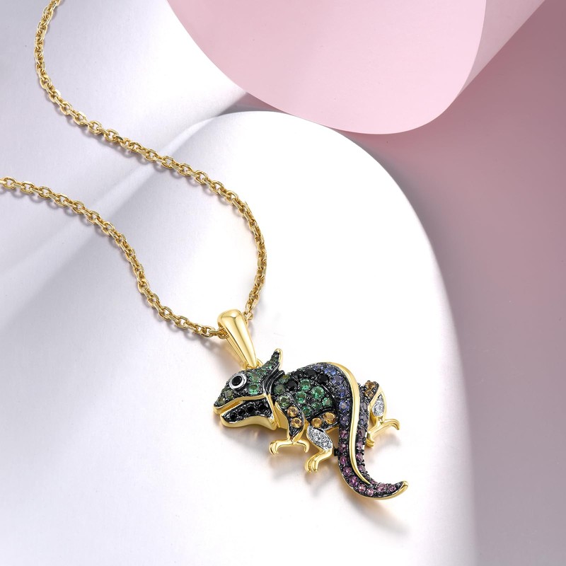 Santuzza 925 Sterling Silver Colorful Chameleon Pendant Gemstone Animals Pendant