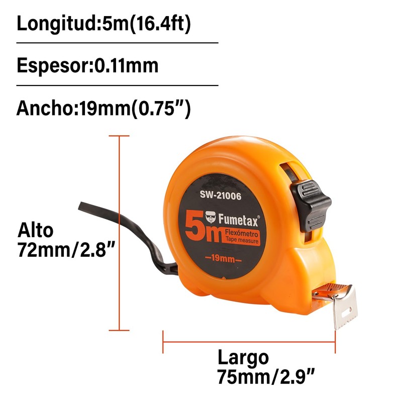 FUMETAX Flexómetro Contra impactos 5 m Cinta negra 18mm Tarjeta