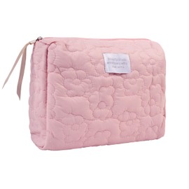Kallsi Makeup Bag for Women, Quilted Cosmetic Bag, Travel Pouch, Cute Make Up Bags Organizer, Preppy Toiletry Bag with Zipper Pink