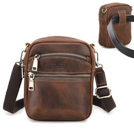 Contacts Small Crossbody Sling Bag Genuine Leather Belt Bag for Men Climbing Waist Pack Mini Side Bag, Brown, 19 x 15.5 x 7 cm, Retro