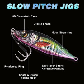 Slow Pitch Jigs Saltwater Fishing Jigging Lures Glow Vertical Metal Jigs with Assist Hooks Butterfly Jigs 3D Printing Offshore Deep Sea Ocean Fishing Pitching Lures for Tuna Kingfish Bluefin