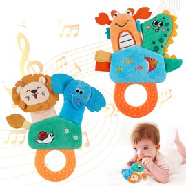 HOTUT Baby Soft Rattles, 2 Pack Finger Rattle Toys, Plush Animal Rattle Toys for Babies, First Baby Sensory Toy with Sound for 0-3, 3-6, 6-9, 9-12 Month Infant Gift (Lion, Elephant, Shrimp, Crocodile)