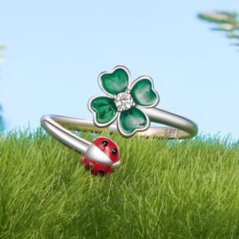 Shysnow Four Leaf Clover Ring for Women Sterling Silver 925 Dainty Green Lucky Shamrock Open Adjustable Finger Ring with Red Ladybug St Patricks Day Jewelry Gifts