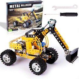 ArtCreativity Metal Excavator Toy Building Kit - 256 PCS - STEM Metal Building Kit for Kids - Large Metal Construction Toy with Moving Wheels and Arm - Build Your Own Excavator Metal Construction Set