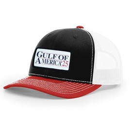 Trenz Shirt Company Mens Political Patch Trump Gulf of America '25 Mesh Back Trucker Hat, Black/Red/White